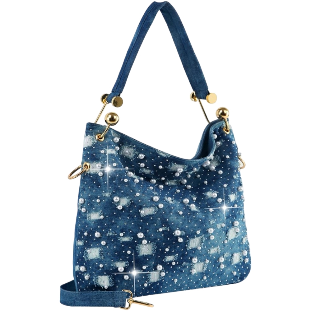 Blue Denim Pearl Embellished Shoulder Bag - Picture 2 of 6